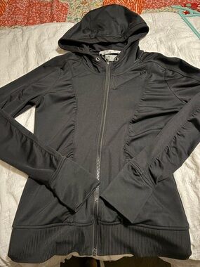 Athleta Black Hooded Zip-Up Bomber Jacket